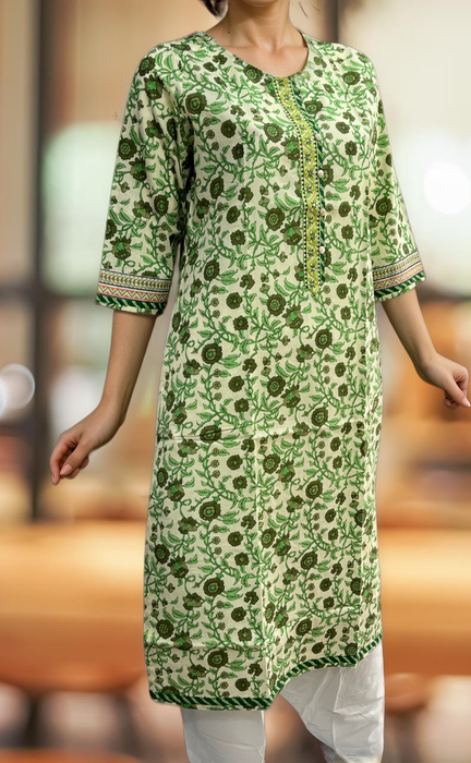 Off White/Green Garden Jaipuri Cotton Kurti. Pure Versatile Cotton. | Laces and Frills