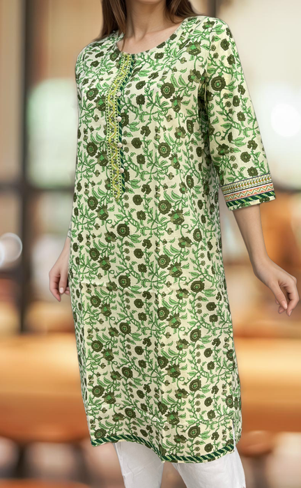 Off White/Green Garden Jaipuri Cotton Kurti. Pure Versatile Cotton. | Laces and Frills