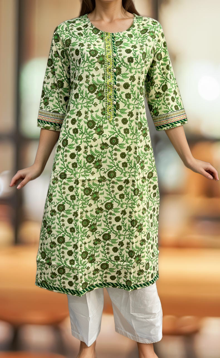 Off White/Green Garden Jaipuri Cotton Kurti. Pure Versatile Cotton. | Laces and Frills