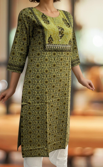 Olive Green Floral Jaipuri Cotton Kurti. Pure Versatile Cotton. | Laces and Frills