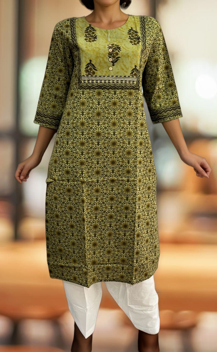 Olive Green Floral Jaipuri Cotton Kurti. Pure Versatile Cotton. | Laces and Frills