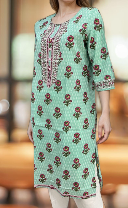 Sea Green Flora Jaipuri Cotton Kurti. Pure Versatile Cotton. | Laces and Frills