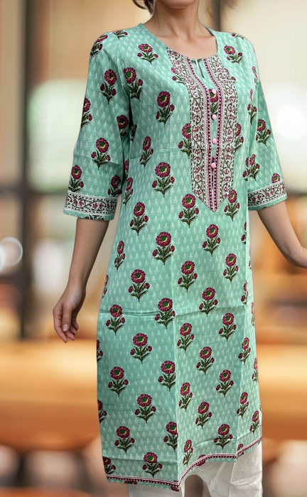 Sea Green Flora Jaipuri Cotton Kurti. Pure Versatile Cotton. | Laces and Frills