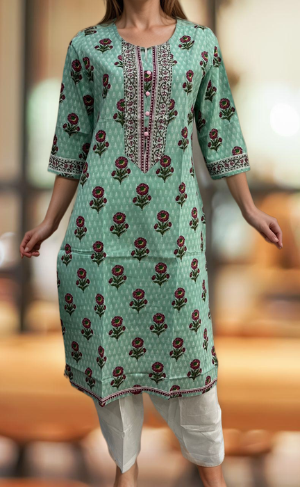 Sea Green Flora Jaipuri Cotton Kurti. Pure Versatile Cotton. | Laces and Frills