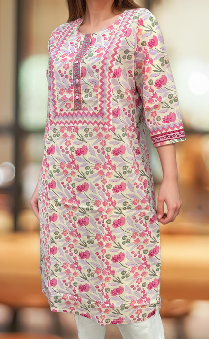 Off White/Pink Floral Jaipuri Cotton Kurti. Pure Versatile Cotton. | Laces and Frills