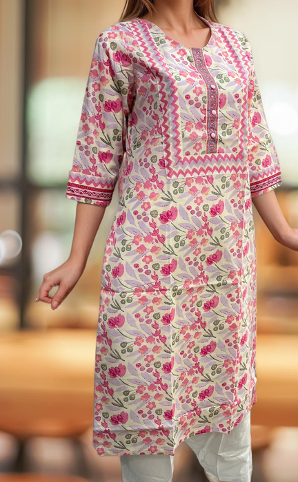 Off White/Pink Floral Jaipuri Cotton Kurti. Pure Versatile Cotton. | Laces and Frills