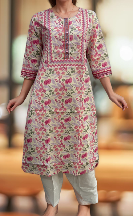 Off White/Pink Floral Jaipuri Cotton Kurti. Pure Versatile Cotton. | Laces and Frills