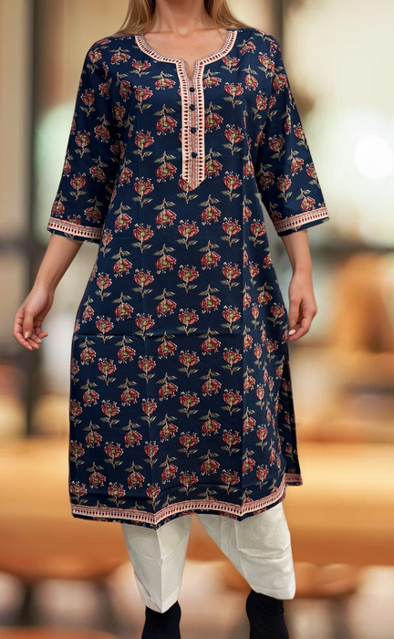 Navy Blue Floral Jaipuri Cotton Kurti. Pure Versatile Cotton. | Laces and Frills