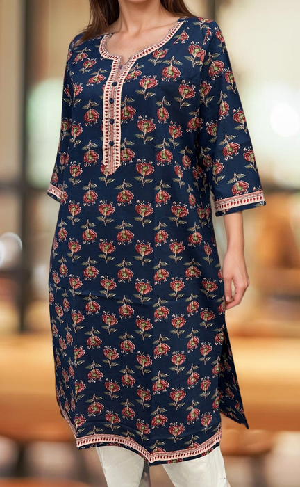 Navy Blue Floral Jaipuri Cotton Kurti. Pure Versatile Cotton. | Laces and Frills