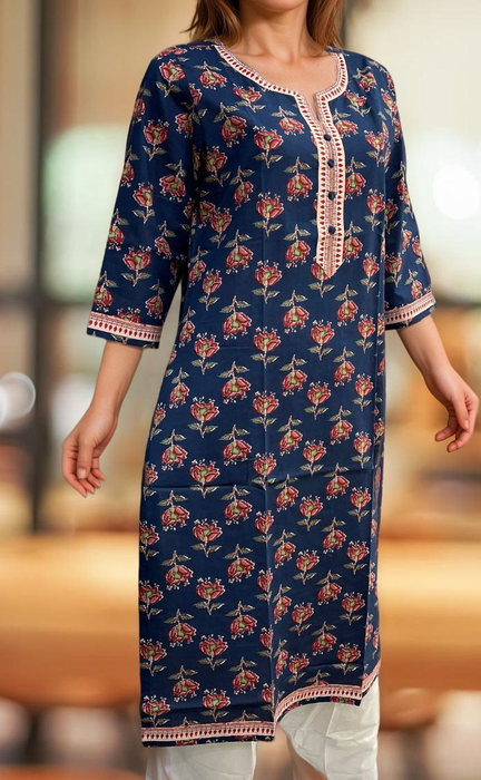 Navy Blue Floral Jaipuri Cotton Kurti. Pure Versatile Cotton. | Laces and Frills