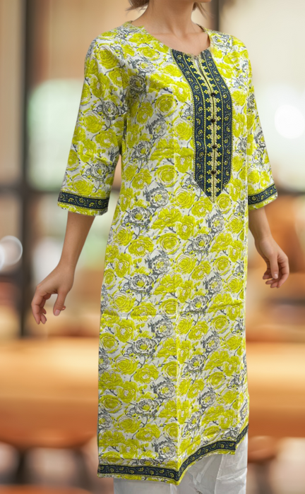 Yellow Floral Jaipuri Cotton Kurti. Pure Versatile Cotton. | Laces and Frills