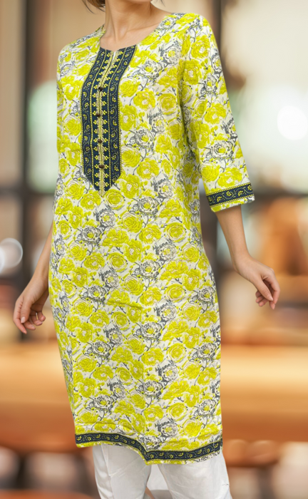 Yellow Floral Jaipuri Cotton Kurti. Pure Versatile Cotton. | Laces and Frills