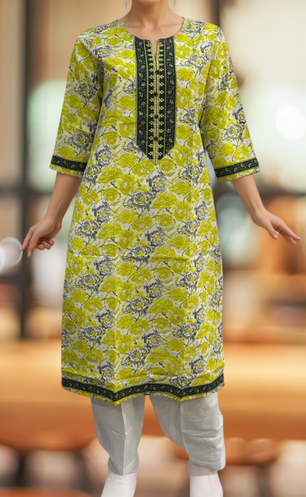 Yellow Floral Jaipuri Cotton Kurti. Pure Versatile Cotton. | Laces and Frills