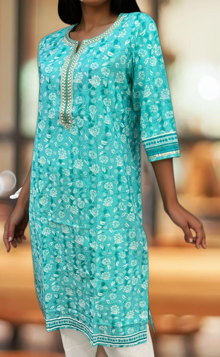 Turquoise Blue Flora Jaipuri Cotton Kurti. Pure Versatile Cotton. | Laces and Frills