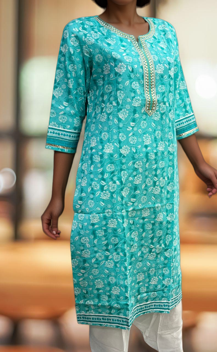 Turquoise Blue Flora Jaipuri Cotton Kurti. Pure Versatile Cotton. | Laces and Frills