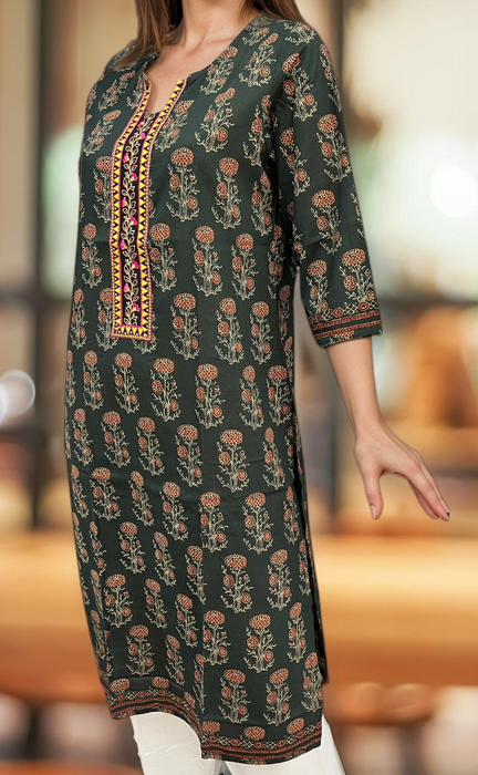 Bottle Green Floral Jaipuri Cotton Kurti. Pure Versatile Cotton. | Laces and Frills