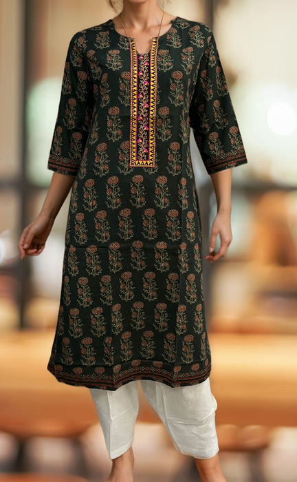 Bottle Green Floral Jaipuri Cotton Kurti. Pure Versatile Cotton. | Laces and Frills