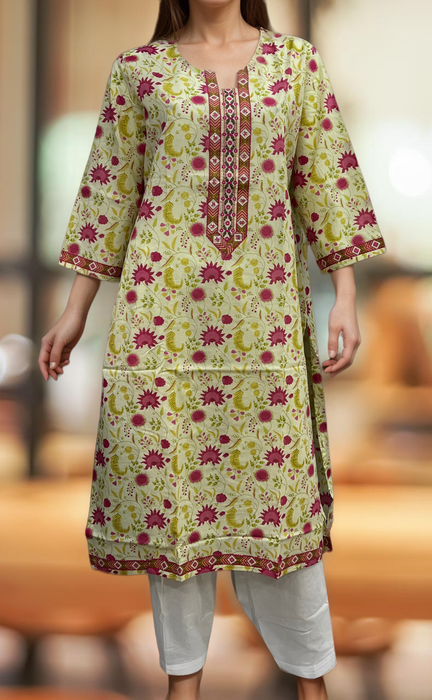 Cream/Pink Floral Jaipuri Cotton Kurti. Pure Versatile Cotton. | Laces and Frills