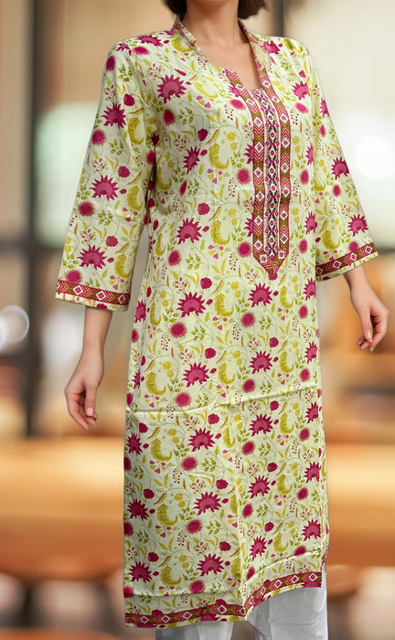 Cream/Pink Floral Jaipuri Cotton Kurti. Pure Versatile Cotton. | Laces and Frills