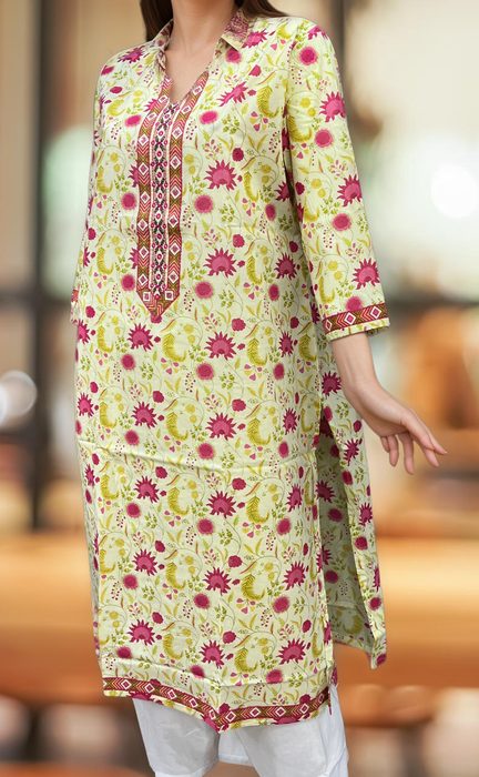 Cream/Pink Floral Jaipuri Cotton Kurti. Pure Versatile Cotton. | Laces and Frills