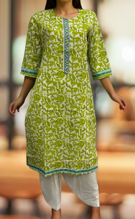 White/Green Garden Jaipuri Cotton Kurti. Pure Versatile Cotton. | Laces and Frills