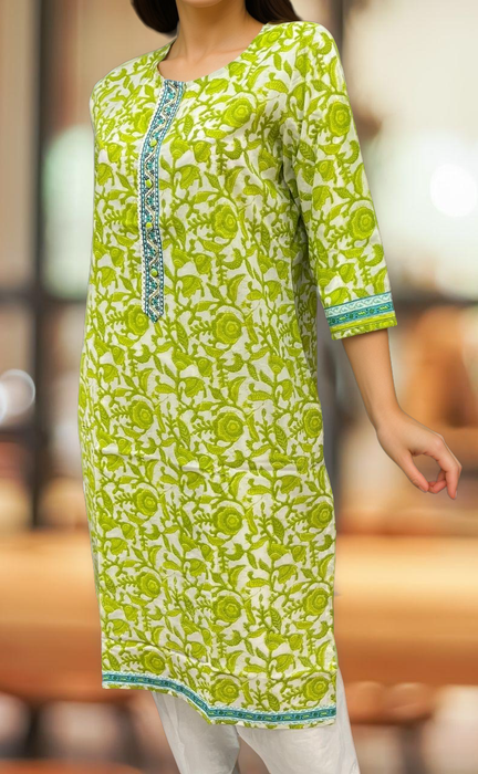 White/Green Garden Jaipuri Cotton Kurti. Pure Versatile Cotton. | Laces and Frills