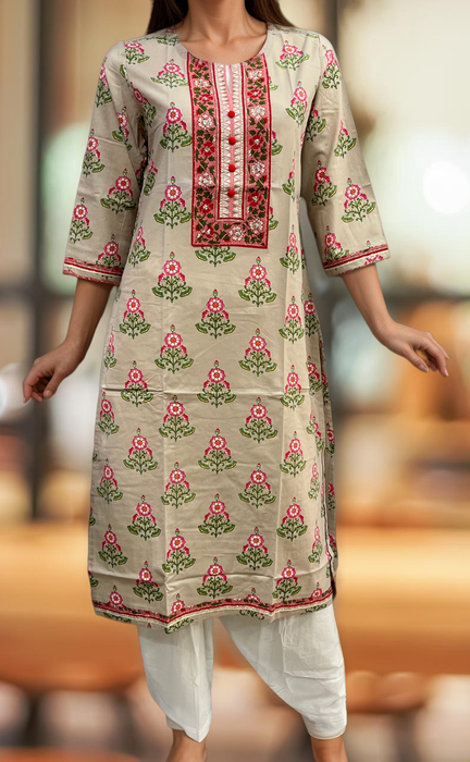 Beige Floral Jaipuri Cotton Kurti. Pure Versatile Cotton. | Laces and Frills