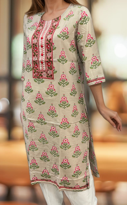 Beige Floral Jaipuri Cotton Kurti. Pure Versatile Cotton. | Laces and Frills