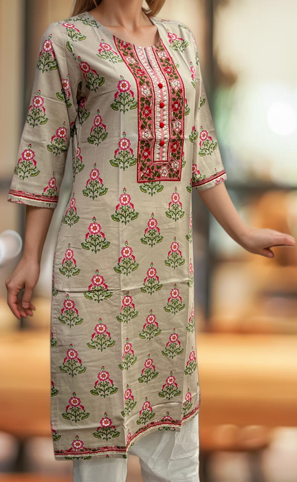 Beige Floral Jaipuri Cotton Kurti. Pure Versatile Cotton. | Laces and Frills