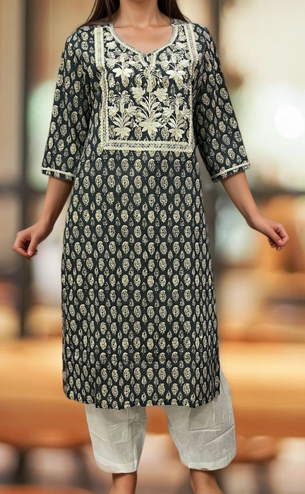 Dark Grey Jaipuri Cotton Embroidery Kurti. Pure Versatile Cotton. | Laces and Frills