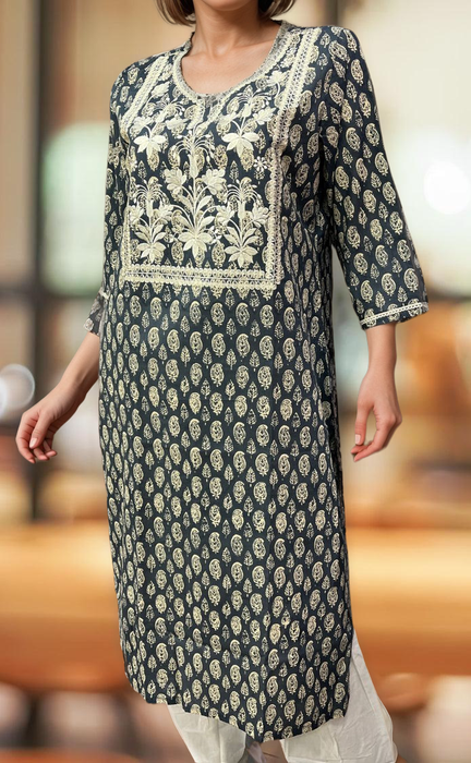 Dark Grey Jaipuri Cotton Embroidery Kurti. Pure Versatile Cotton. | Laces and Frills