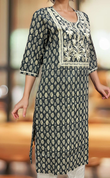 Dark Grey Jaipuri Cotton Embroidery Kurti. Pure Versatile Cotton. | Laces and Frills