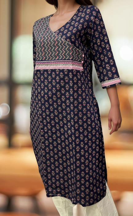 Navy Blue/Pink Floral Jaipuri Cotton Kurti. Pure Versatile Cotton. | Laces and Frills