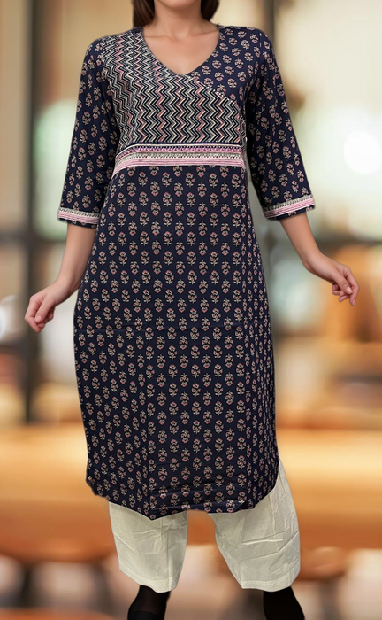 Navy Blue/Pink Floral Jaipuri Cotton Kurti. Pure Versatile Cotton. | Laces and Frills