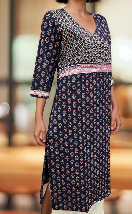 Navy Blue/Pink Floral Jaipuri Cotton Kurti. Pure Versatile Cotton. | Laces and Frills