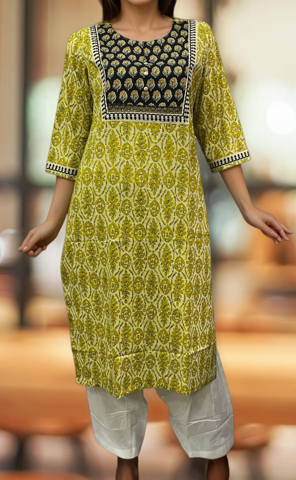 Yellow/Navy Blue Flora Jaipuri Cotton Kurti. Pure Versatile Cotton. | Laces and Frills