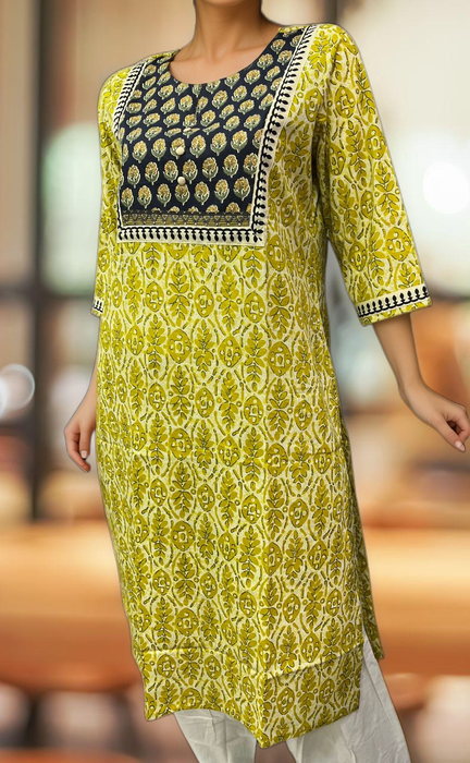 Yellow/Navy Blue Flora Jaipuri Cotton Kurti. Pure Versatile Cotton. | Laces and Frills