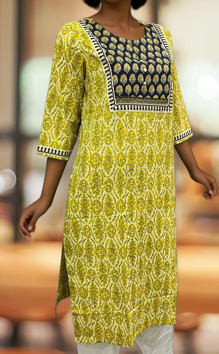 Yellow/Navy Blue Flora Jaipuri Cotton Kurti. Pure Versatile Cotton. | Laces and Frills