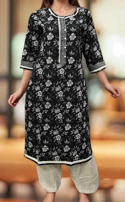 Black/White Garden Jaipuri Cotton Kurti. Pure Versatile Cotton. | Laces and Frills