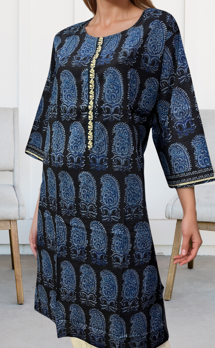 Black/Blue Manga Motif Jaipuri Cotton Kurti. Pure Versatile Cotton. | Laces and Frills