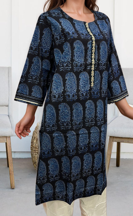 Black/Blue Manga Motif Jaipuri Cotton Kurti. Pure Versatile Cotton. | Laces and Frills