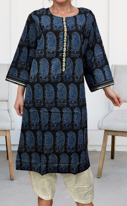 Black/Blue Manga Motif Jaipuri Cotton Kurti. Pure Versatile Cotton. | Laces and Frills