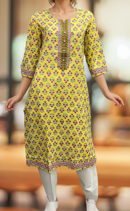 Yellow Floral Jaipuri Cotton Kurti. Pure Versatile Cotton. | Laces and Frills