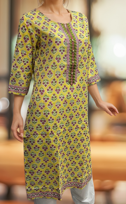 Yellow Floral Jaipuri Cotton Kurti. Pure Versatile Cotton. | Laces and Frills