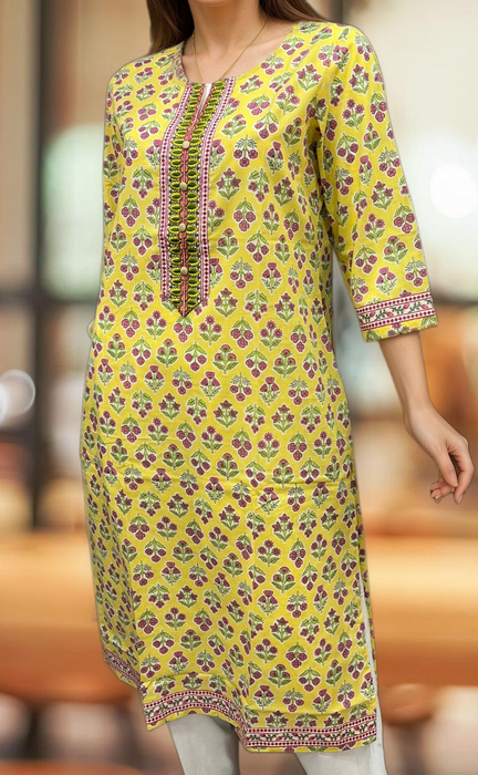 Yellow Floral Jaipuri Cotton Kurti. Pure Versatile Cotton. | Laces and Frills