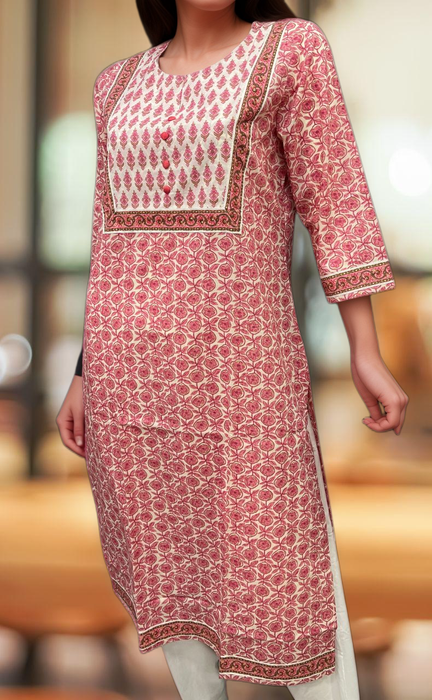 Candy Pink/White Flora Jaipuri Cotton Kurti. Pure Versatile Cotton. | Laces and Frills