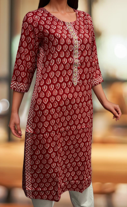 Red Leafy Jaipuri Cotton Kurti. Pure Versatile Cotton. | Laces and Frills