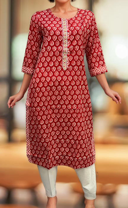 Red Leafy Jaipuri Cotton Kurti. Pure Versatile Cotton. | Laces and Frills