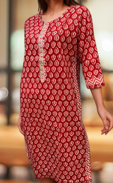 Red Leafy Jaipuri Cotton Kurti. Pure Versatile Cotton. | Laces and Frills