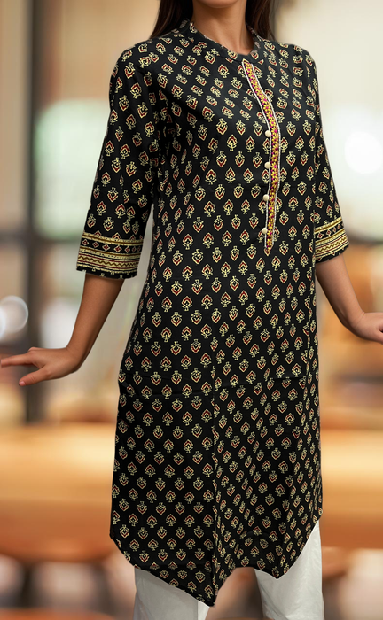 Black Tiny Flora Jaipuri Cotton Kurti. Pure Versatile Cotton. | Laces and Frills